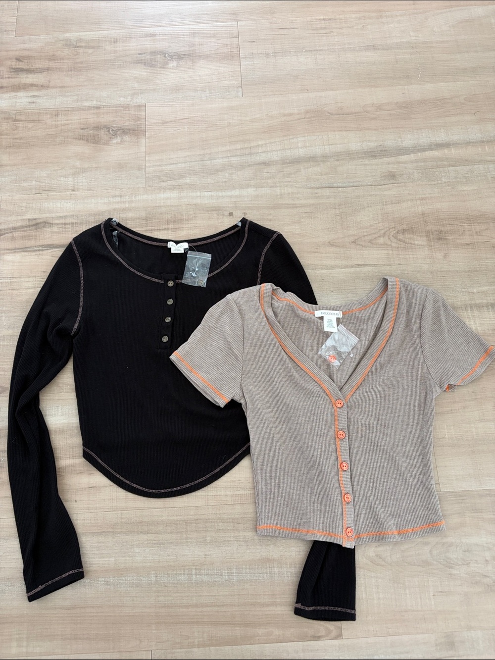 Bozzolo Black Long Sleeve Henley & Taupe Short Sleeve Cardigan with Orange Trim